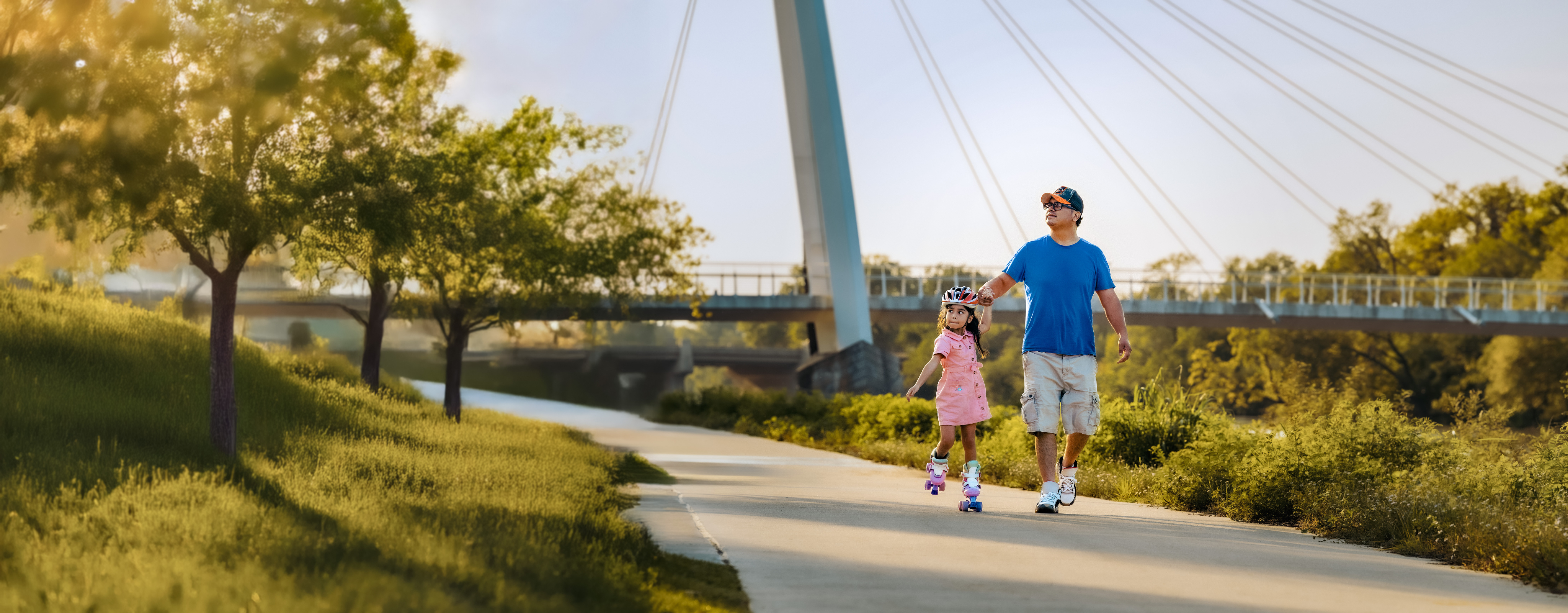 A parent and child exercising together outdoors