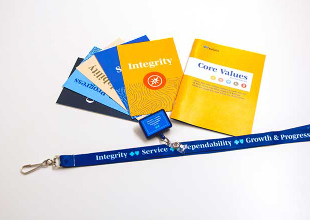 Core values booklet, cards and lanyard