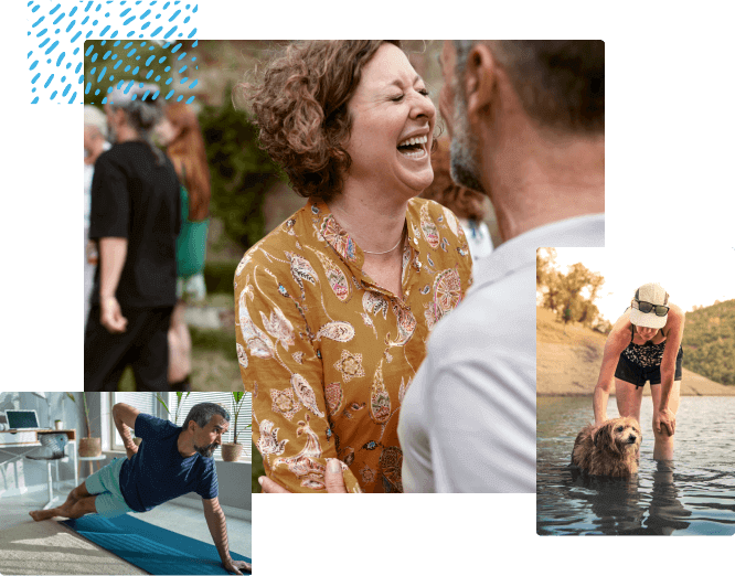 3 image collage: woman laughing, man in yoga pose, and woman with dog in lake