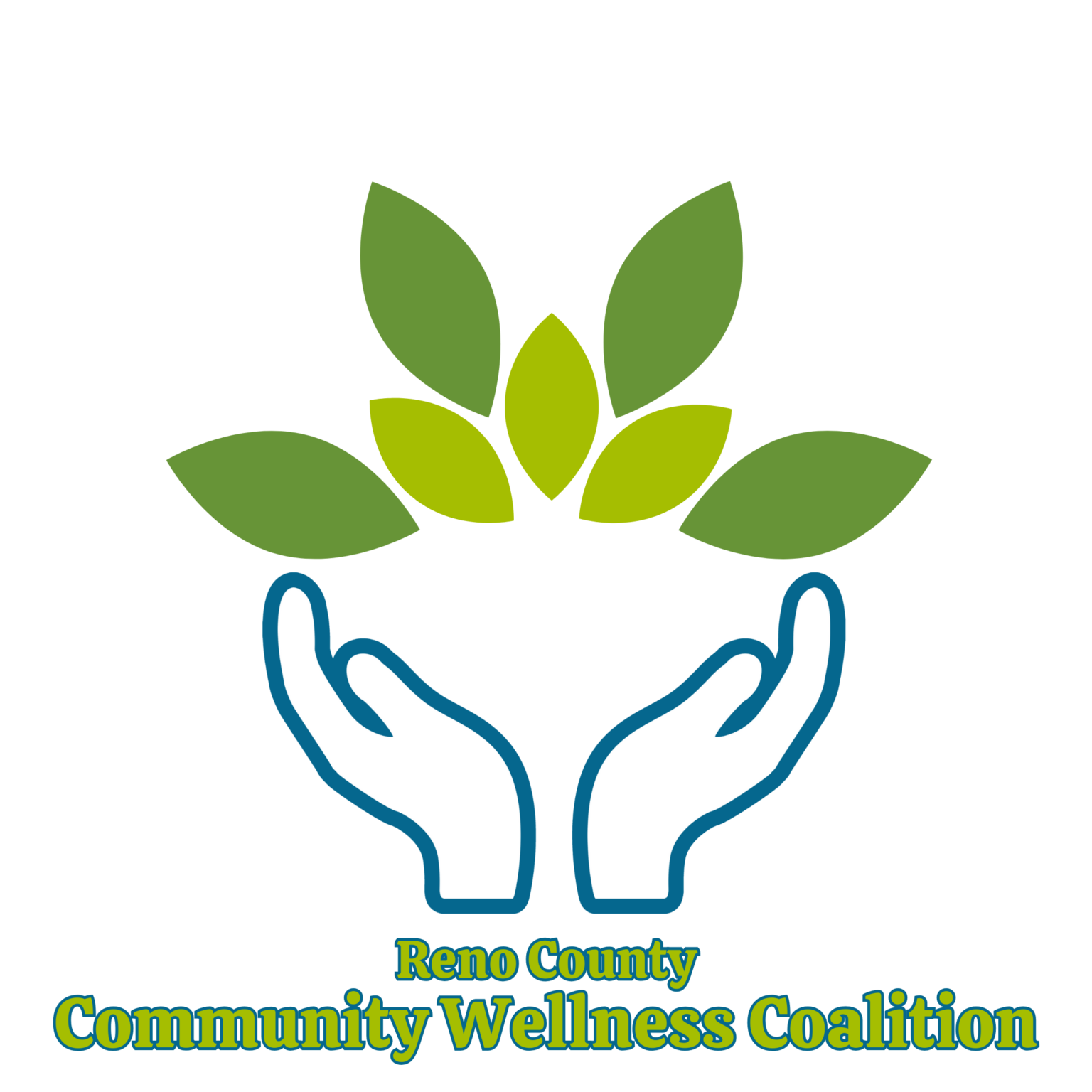 Illustration of hands holding leaves with text: Reno County Community Wellness Coalition