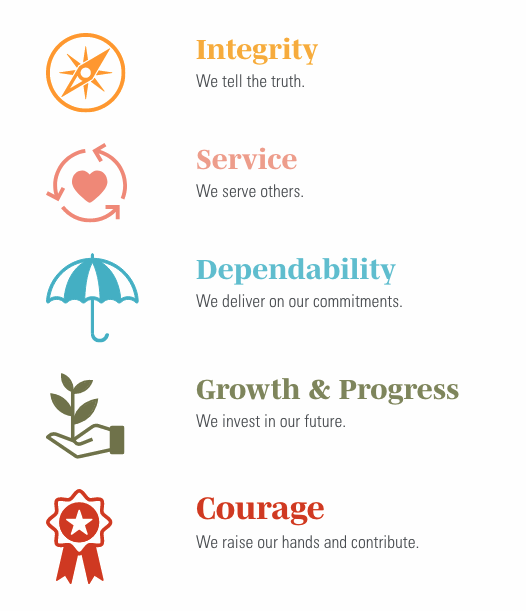 Five core values show with icons